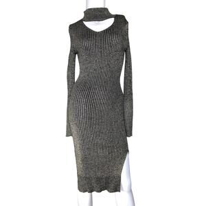 Y2K Metallic Cutout Bodycon Ribbed Midi Dress Small Grunge Club Party‎ Shimmer